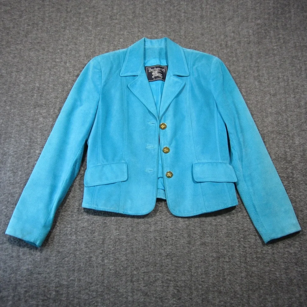 Vtg Burberry Suede Blazer Jacket Women 4‎ Teal Button Up Lined Luxury 80s 90s - Picture 2 of 12